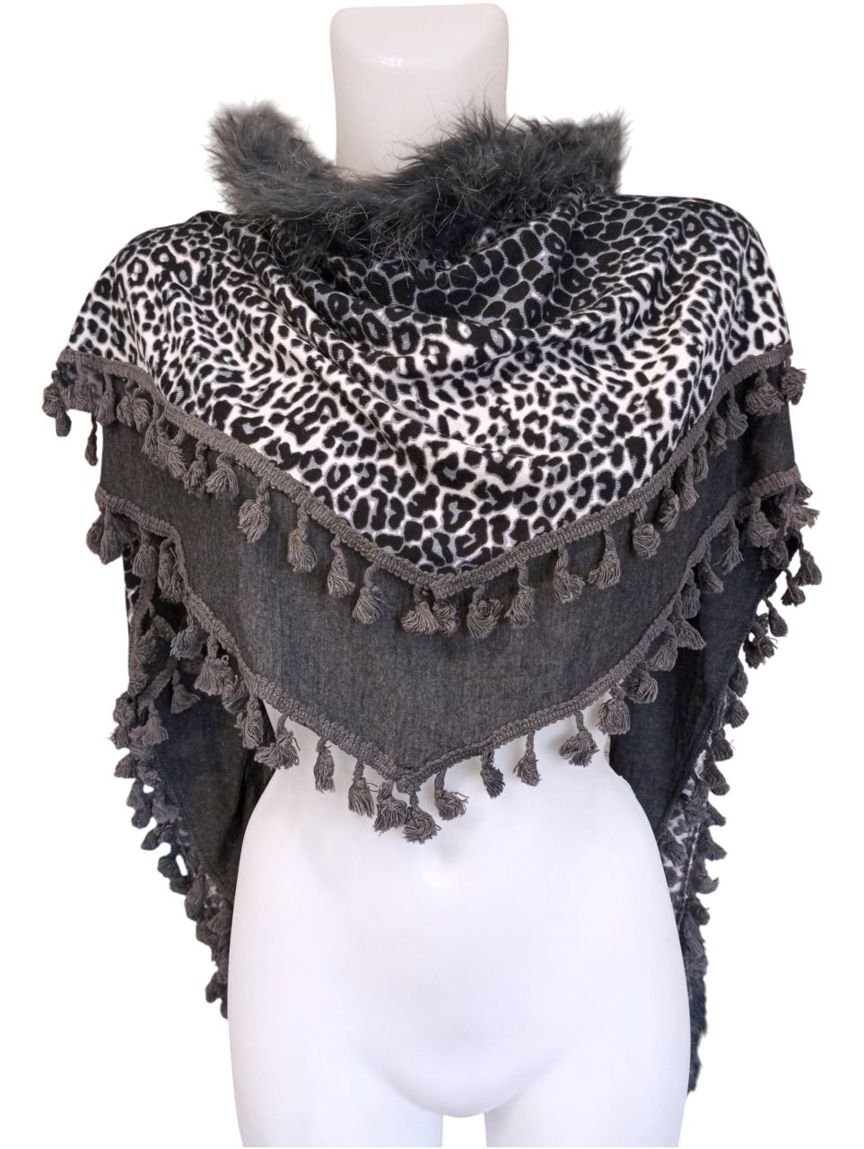 Szőrmés-rojtos szürke sál