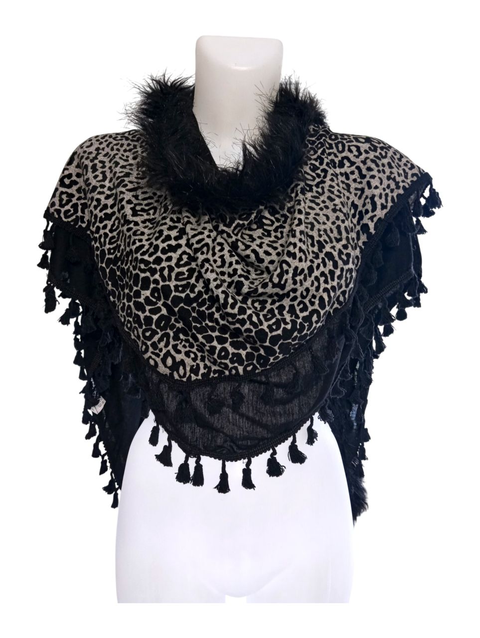 Szőrmés-rojtos fekete sál